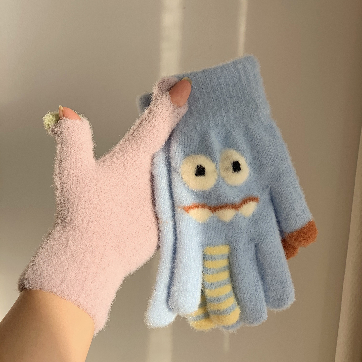 手套女冬季加厚骑行露指保暖可爱怪兽棉手套可触屏分指加绒防寒