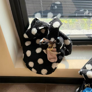 韩系波点包包女款斜挎包毛绒单肩手提包百搭通勤包大容量托特包