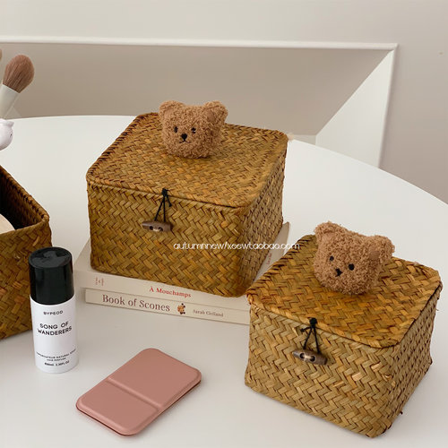 桌面收纳盒床头柜首饰发夹发饰收纳筐可爱小熊办公桌化妆品储物盒