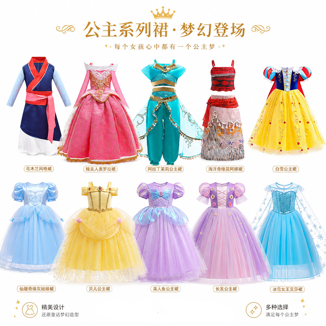 灰姑娘贝尔白雪冰雪奇缘爱莎长发公主裙苏菲亚六一儿童装女童礼服