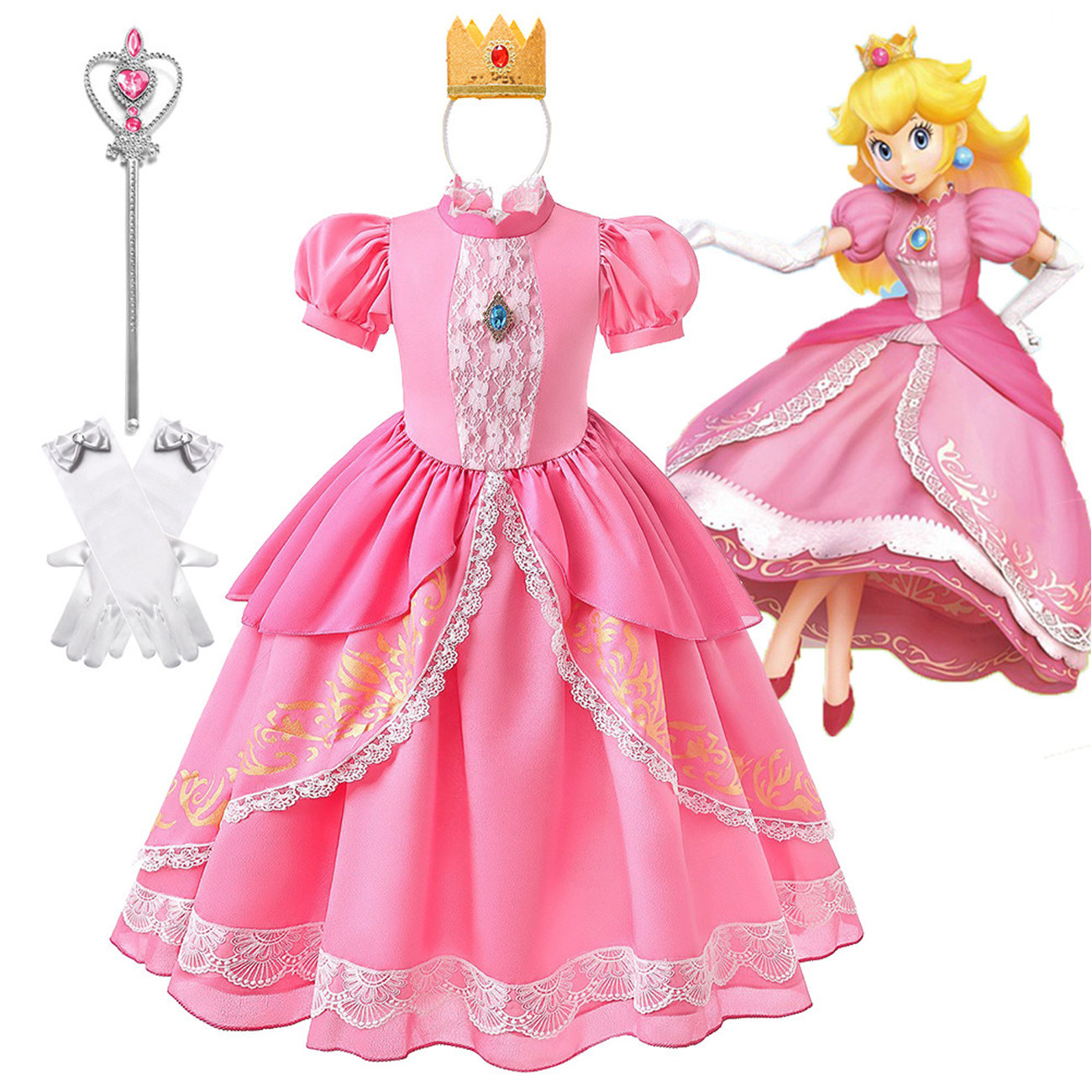 超级马里奥桃子碧姬公主裙女童cos舞台表演蓬蓬网纱礼服裙送皇冠