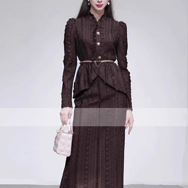 秋季新款法式名媛拼接荷叶花苞型长袖上衣+高腰鱼尾半裙套装