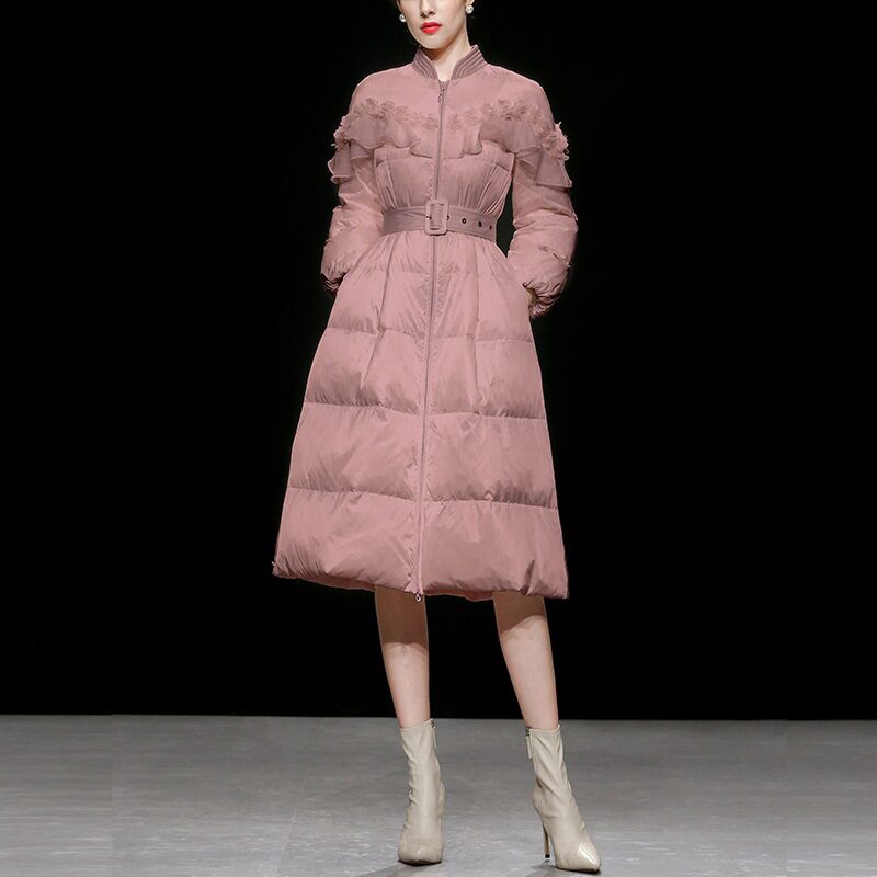 新款女装雾粉色立领中长款白鸭绒羽绒服加厚收腰过膝外套