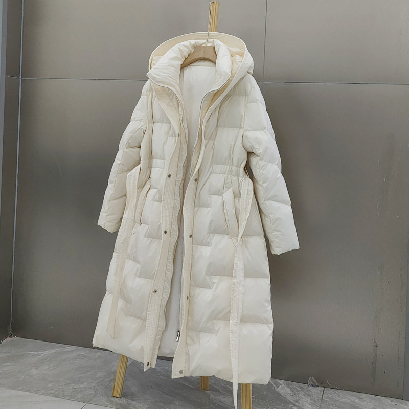 欧洲站连帽加长款羽绒服女过膝加厚修身显瘦腰带款保暖外套新款潮