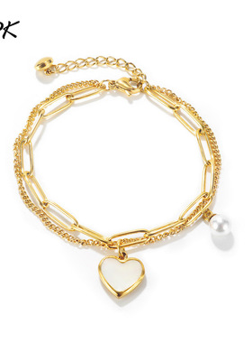 OPK饰品时尚小众设计冷淡风个性双层气质百搭桃心珍珠不锈钢手链