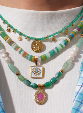 欧美彩色飞盘天然石项链不锈钢恶魔之眼项链天然淡水珍珠串珠