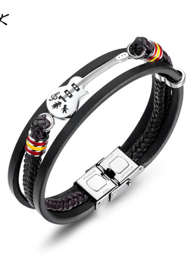 欧美朋克男士皮革手环 男士吉他手链 多层编织手环皮绳 送男友