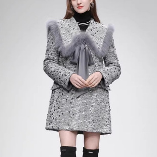 冬季千金风翻领狐狸毛领蝴蝶结细闪珠片粗花呢羽绒服小香风外套女