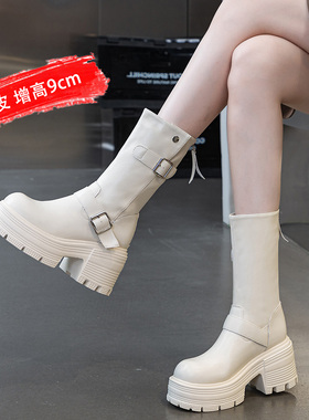 真皮厚底马丁靴女9CM粗跟白色短靴配裙子春秋瘦瘦单靴中筒骑士靴