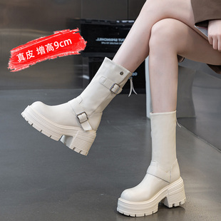真皮厚底马丁靴女9CM粗跟白色短靴配裙子春秋瘦瘦单靴中筒骑士靴
