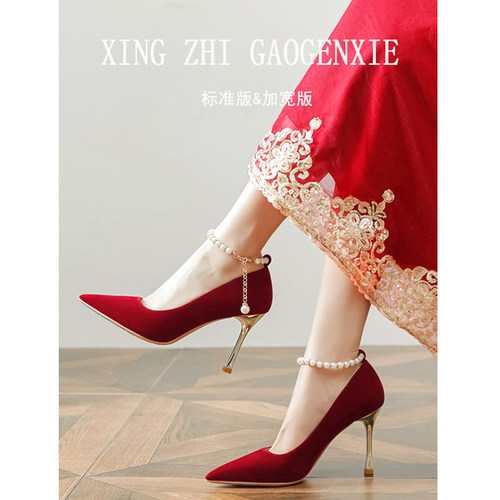 红色高跟鞋女细跟尖头一字带单鞋
