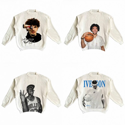宽松圆领针织衫篮球球星合集美式数码直喷印花815g男保暖运动毛衣