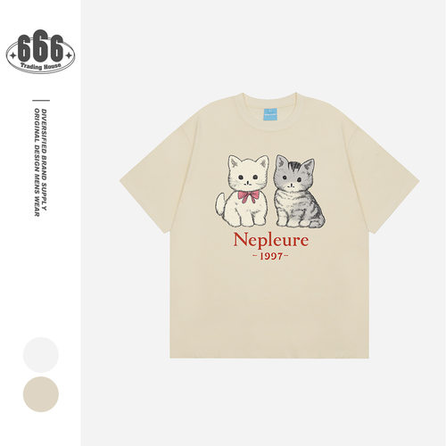 NEPLEURE学院风可爱猫咪印花短袖T恤女生休闲纯棉圆领体恤BST521