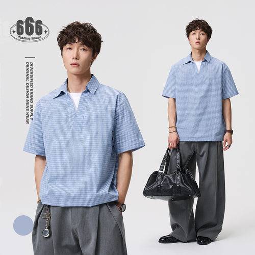 ANSWER ME老钱复古格纹套头上衣宽松短袖衬衫男女假两件衬衣CS142