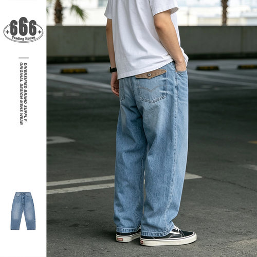 Reknat日系复古男装牛仔裤夏季水洗冰蓝男士工装长裤哈伦裤PL2262