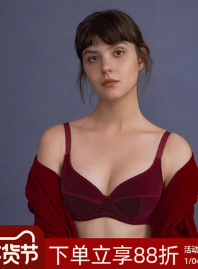 【丝绒normcore】遐大胸显小红色内衣女防下垂全罩杯聚拢薄款文胸
