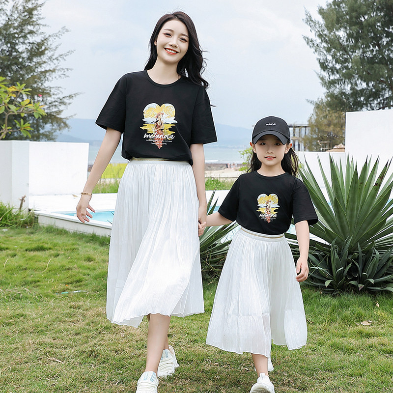 母女高端t恤连衣裙两件套装夏季亲子装小清新洋气短袖网纱半身裙