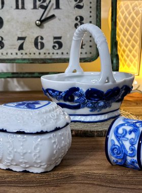 持续瓷生出口样品陶瓷蓝色浮雕提篮首饰储蓄罐餐巾扣复古摆件家居