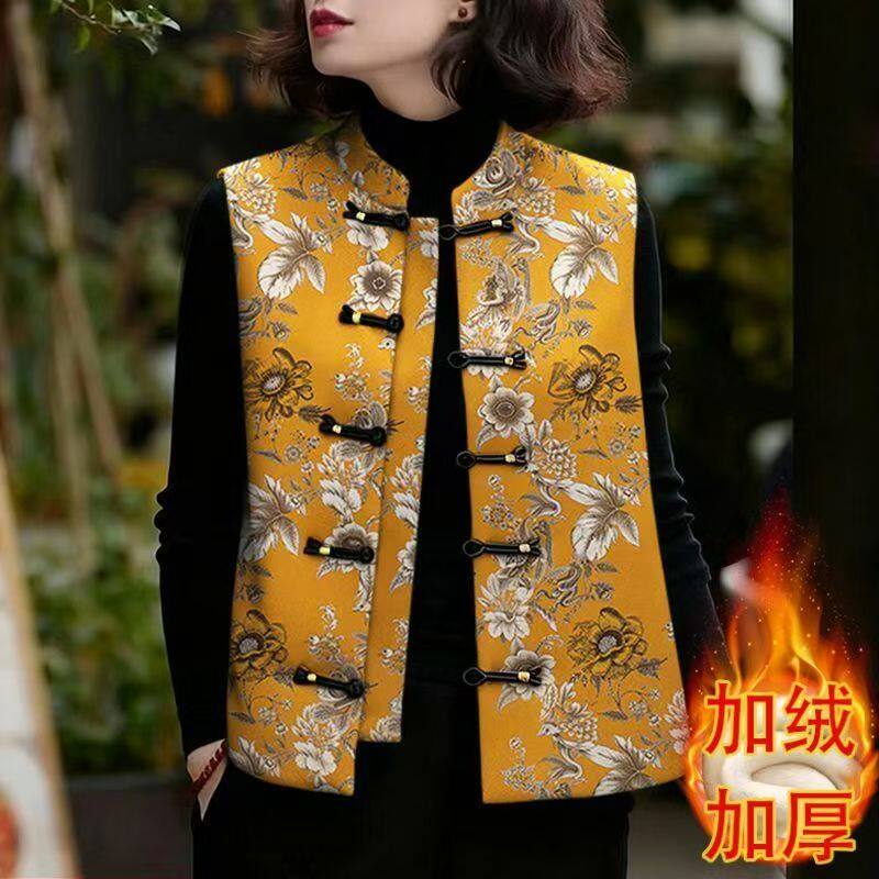 漂亮新中式绝美加绒马甲女2026秋冬新款黄色印花夹棉加厚国风背心