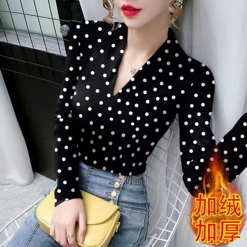 v领波点长袖t恤女士秋冬季时尚洋气德绒加厚上衣打底修身保暖小衫