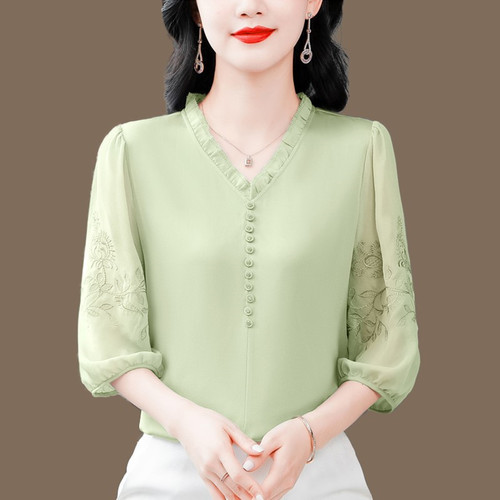 杭州丝绸真丝刺绣衬衫女夏装中袖上衣宽松飘逸气质妈妈桑蚕丝小衫