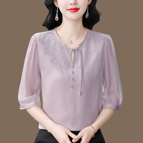 重磅真丝衬衫女夏装新款杭州大牌上衣妈妈中袖刺绣桑蚕丝t恤小衫