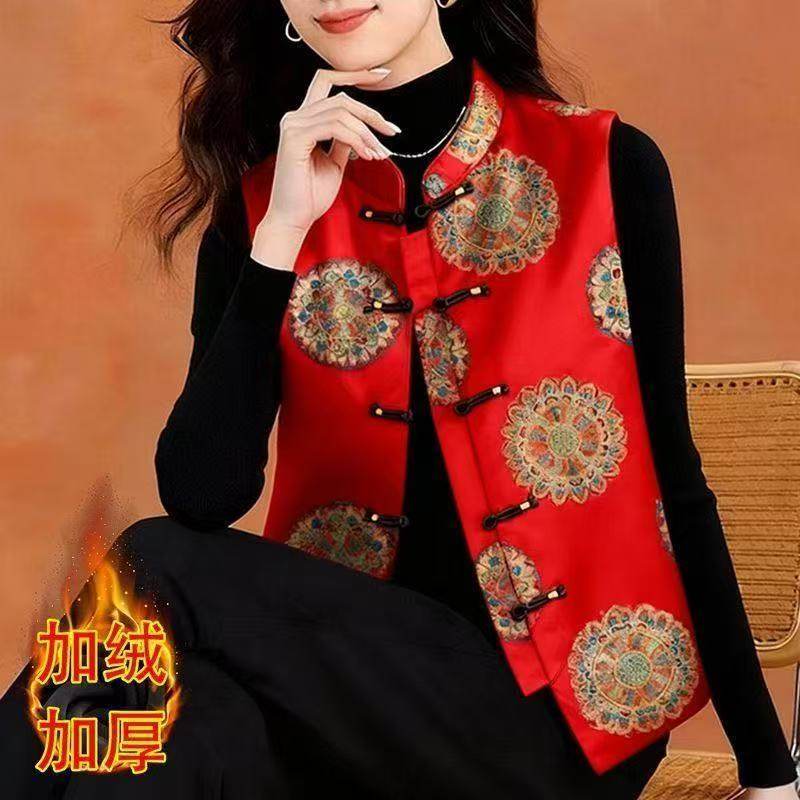 新中式国风盘扣百搭加厚夹棉马甲女2025秋冬加绒拼接保暖背心坎肩