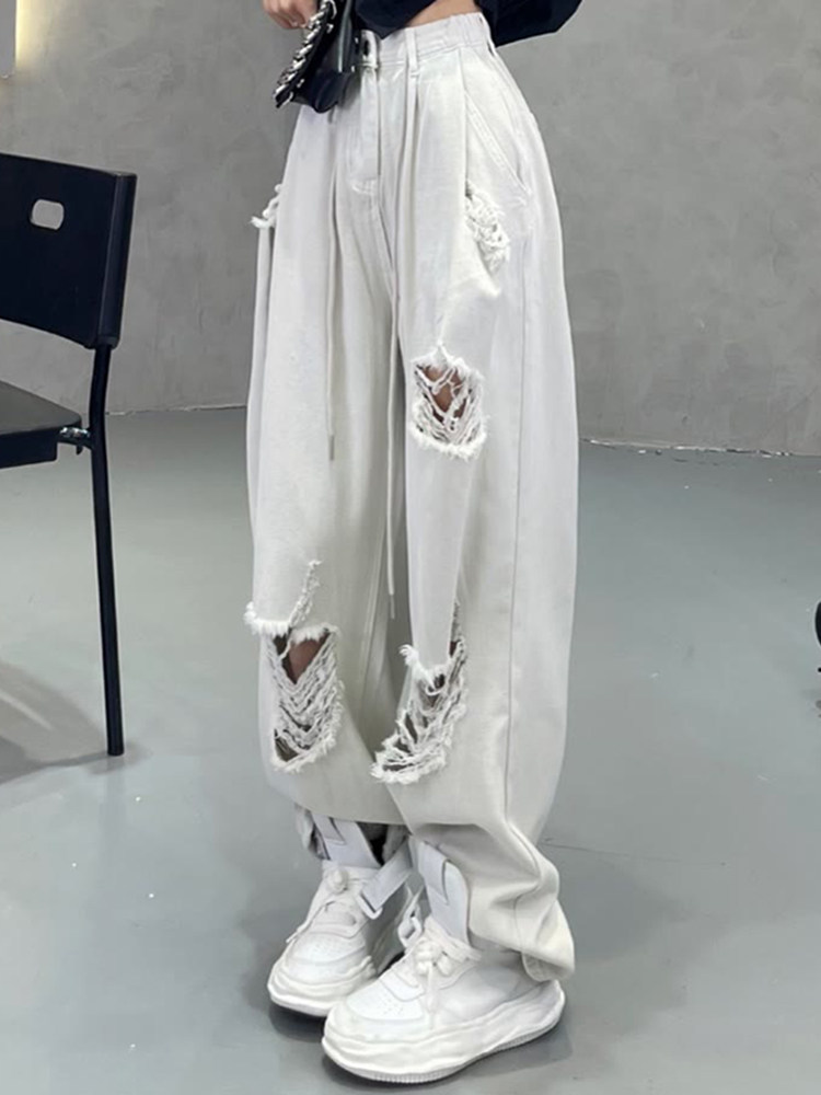 여성용 스트레이트 찢어진 청바지 패트 MM를 위한 트렌디한 여름 얇은 섹션 다용도의 하이웨이스트 신축성 있는 루즈한 와이드 레그 팬츠