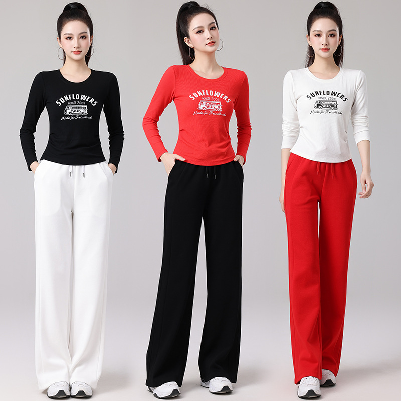 2025春夏广场舞服运动休闲健身跳操跑步服显瘦长袖窄版直筒裤套装