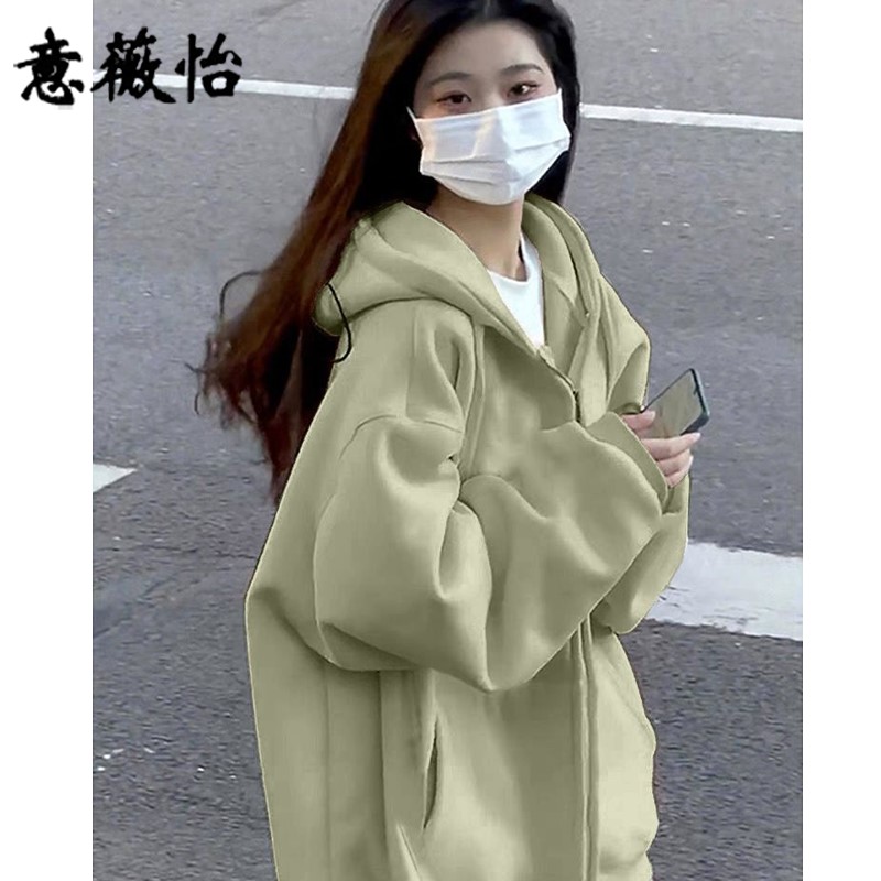 双压线显瘦重磅棉加厚银狐绒豆绿色外套女拉链卫衣连帽开衫情侣装