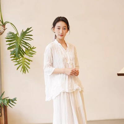 Cha 官方 | pas de calais 26春夏 有机棉中袖纯白褶皱套头半开领