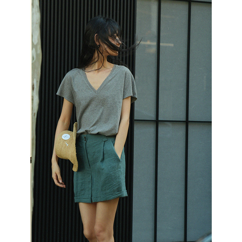 浅豆绿手工煮染亚麻短裤Cha