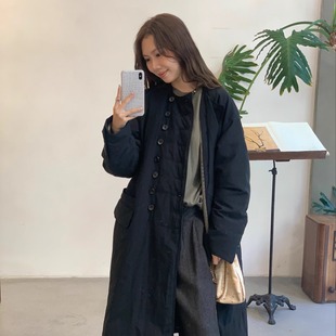 25秋冬 Cha SIMO ATE 水洗丝麻细平纯黑圆领双排扣羽绒服 官方