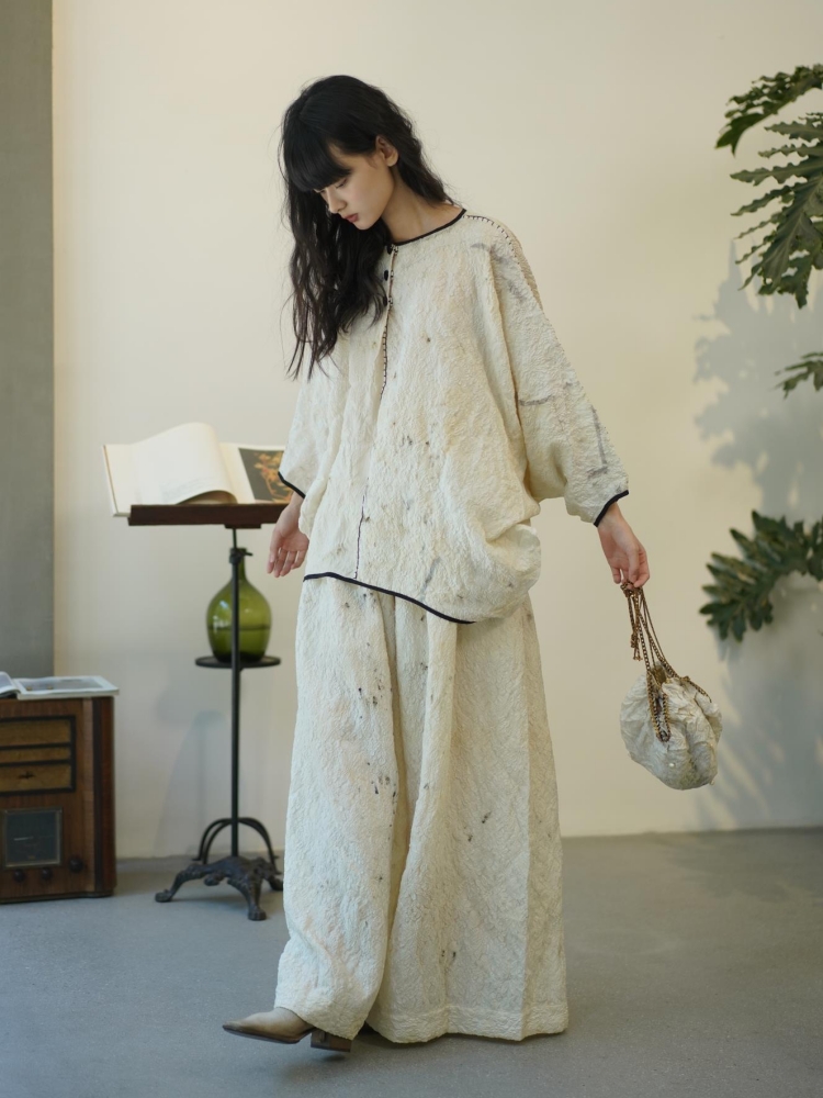 植物染白色提花阔腿长裤