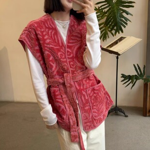 SISSEL Vida丝绵混纺古董布拼接印花天鹅绒背心 官方 Cha