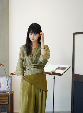 Cha 官方 | Cortana Jill苎麻绿色中袖系带衬衫