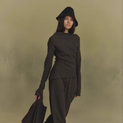 Cha 官方 | Cortana 25秋冬 NUNA羊毛粘纤格子提花上衣阔腿裤套装