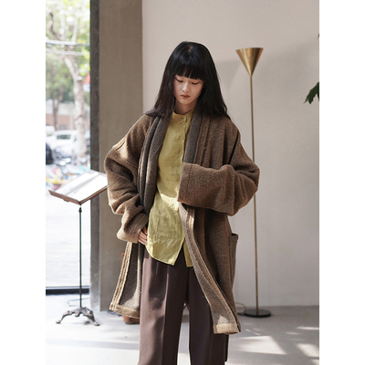 苔绿色双面羊毛系带裹身外套