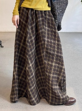 Cha 官方 | Cortana 25秋冬 SALON 羊毛亚麻格纹宽松半身裙 短版