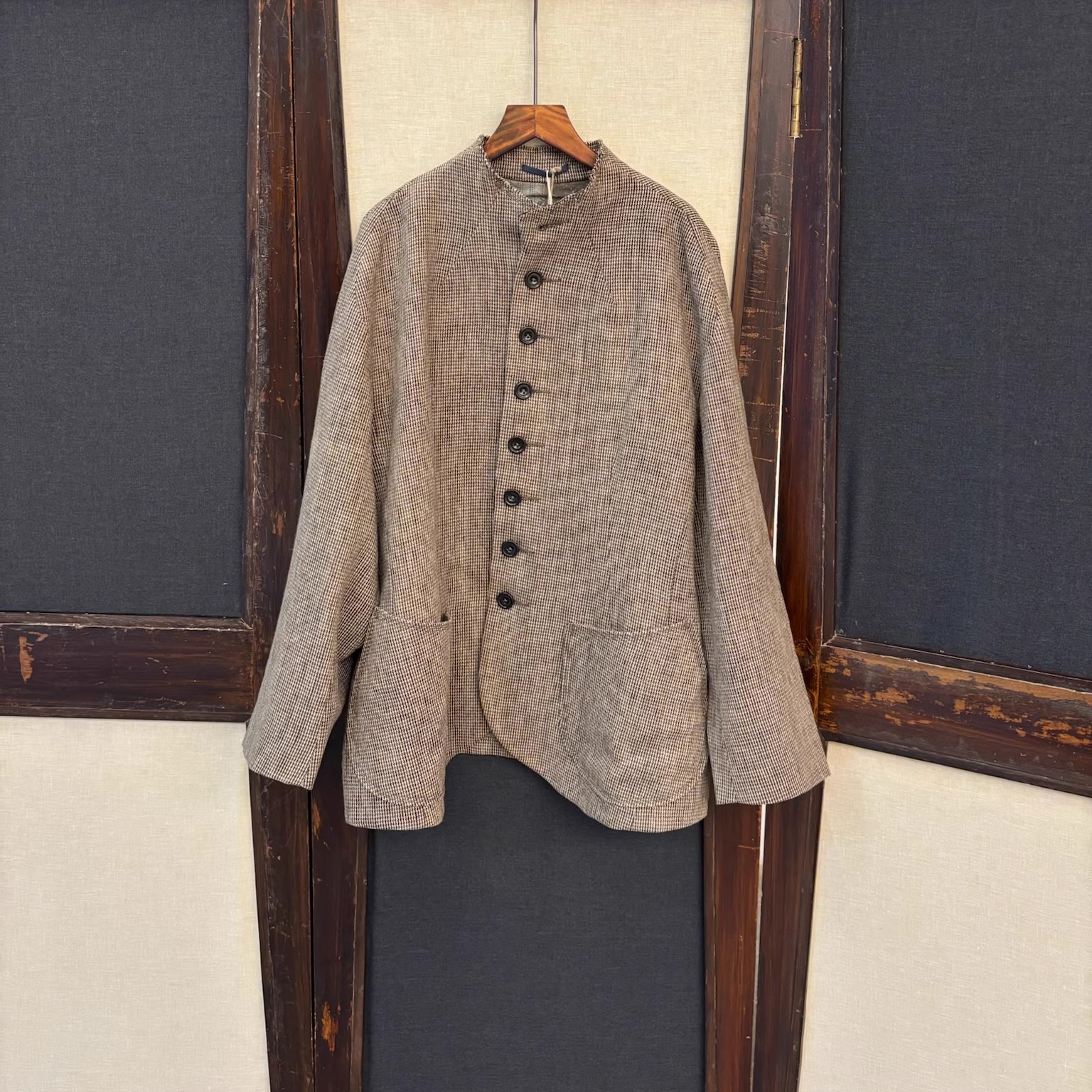 Cha 官方 | ATE SIMO 25秋冬 冷染丝麻千鸟格立领外套 双褶阔腿裤