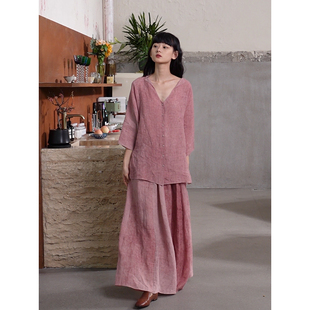 AZAMA Cortana 粉色冷染工艺亚麻半裙 官方 Cha