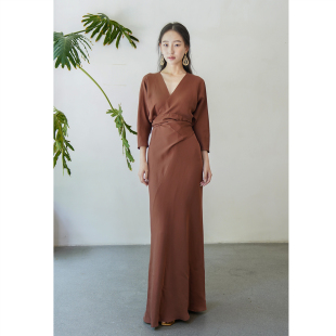 MARA DRESS Cortana 深紅真絲V領(lǐng)蝙蝠袖 禮服裙 25早秋 婚禮時刻