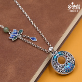 莲花平安扣9999纯银项链锁骨链景泰蓝吊坠复古女高档时尚 520礼物