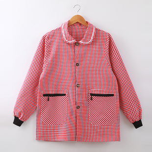 韩版纯棉长袖防污围裙厨房做饭防油工作格子罩衣女外穿洋气正穿衣