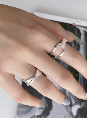 S925镀银几何线条交叉戒指女简约时尚个性百搭镀银开口指环创意食