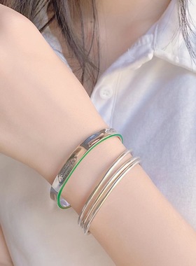 复古英文牛油果绿夹心手镯女时尚个性简约S925银手环ins小众手饰