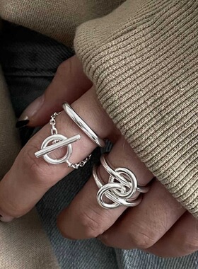 S925镀银甜酷几何线条戒指女时尚个性创意镀银开口链条双层指环食