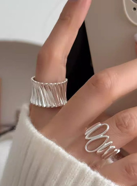 【两件包邮】镂空水滴不规则戒指女几何竖纹个性S925镀银开口指环