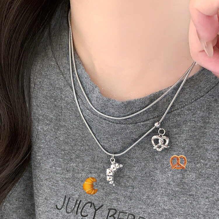 S925镀银网红牛角包碱水结百搭项链女简约时尚气质优雅创意锁骨链