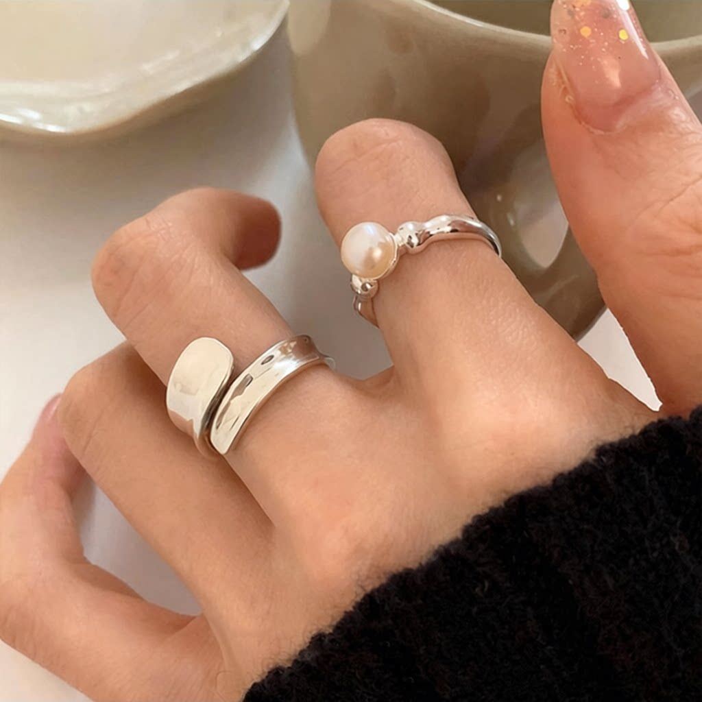 S925镀银几何不规则仿珍珠戒指女韩版甜酷叠戴气质开口指环ins食